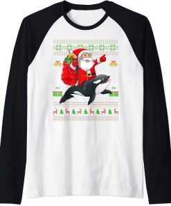 Ugly Xmas Funny Santa Claus Riding Orca Fish Christmas Raglan Baseball Tee