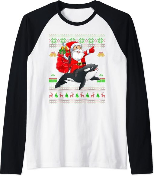 Ugly Xmas Funny Santa Claus Riding Orca Fish Christmas Raglan Baseball Tee