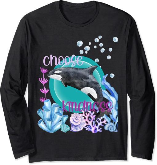 Majestic Orca Lover Choose Kindness Inspirational Watercolor Long Sleeve T-Shirt