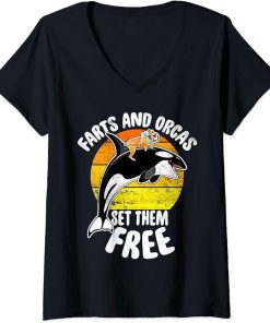 Womens Farts And Orcas Set Them Free - Frenchie Orca Killer Whale V-Neck T-Shirt