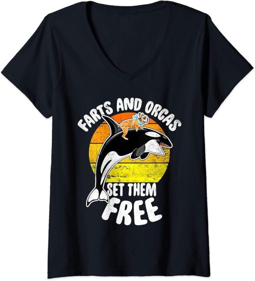 Womens Farts And Orcas Set Them Free - Frenchie Orca Killer Whale V-Neck T-Shirt